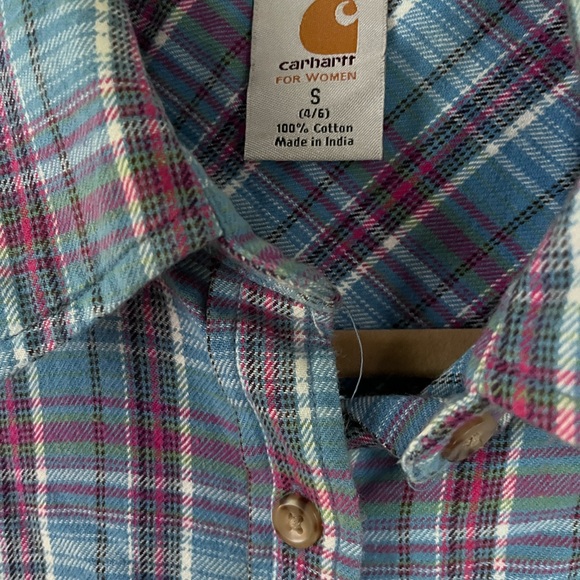 Carhartt Shirt Womens Small Blue-pink Plaid Flannel Button Up Long Sleeve Shirt - Picture 2 of 3